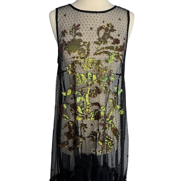 NWT Free People Black Sheer Ruffled Hem‎ Dress Green Gold Sequence Whimsigoth - Picture 2 of 12